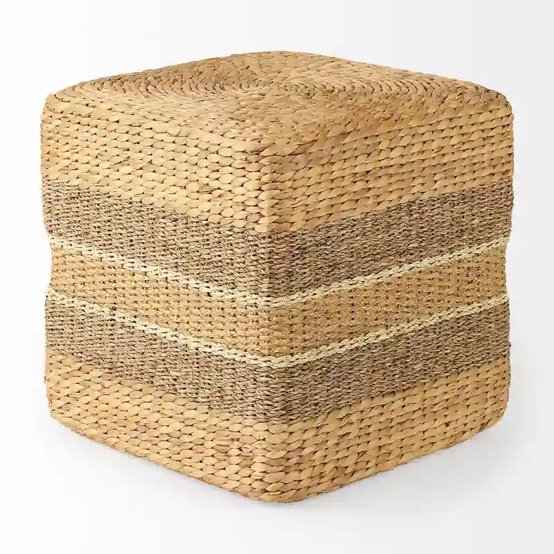 Pouf de table basse rond en jonc de mer à rayures marron