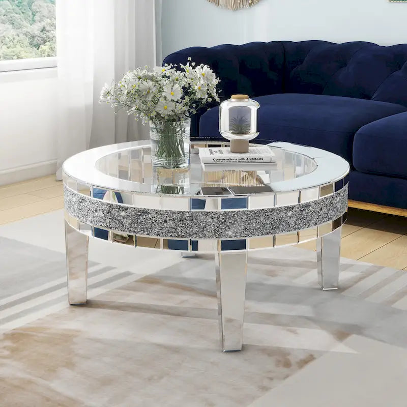 Table basse ronde en verre avec incrustation de cristal