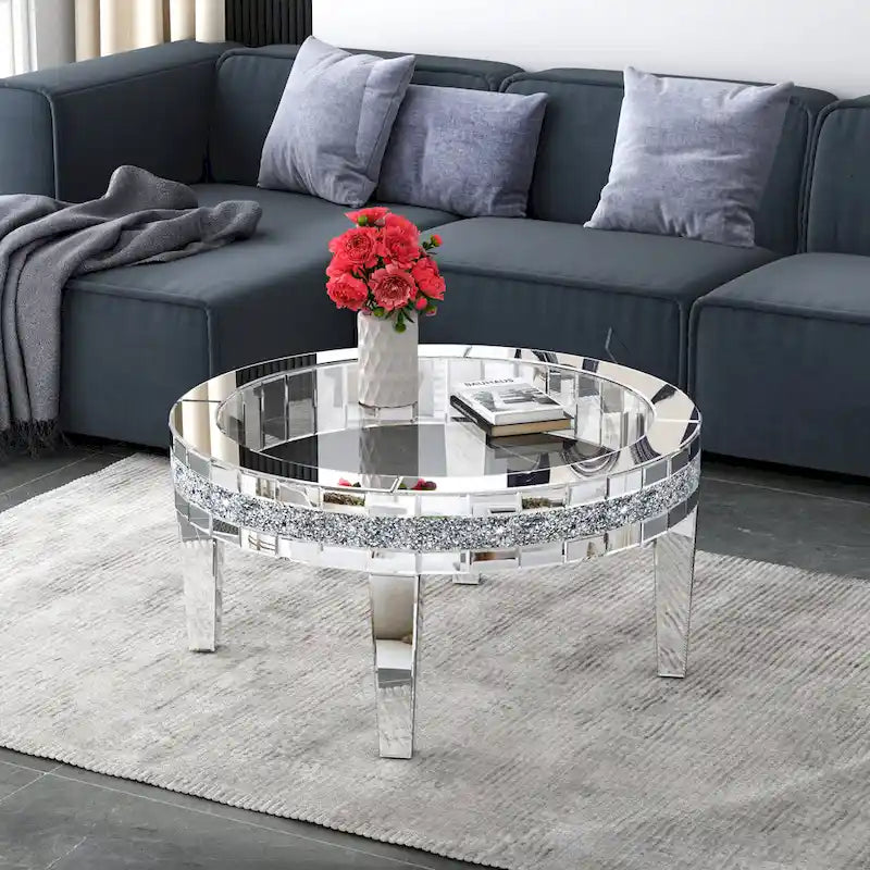 Table basse ronde en verre avec incrustation de cristal