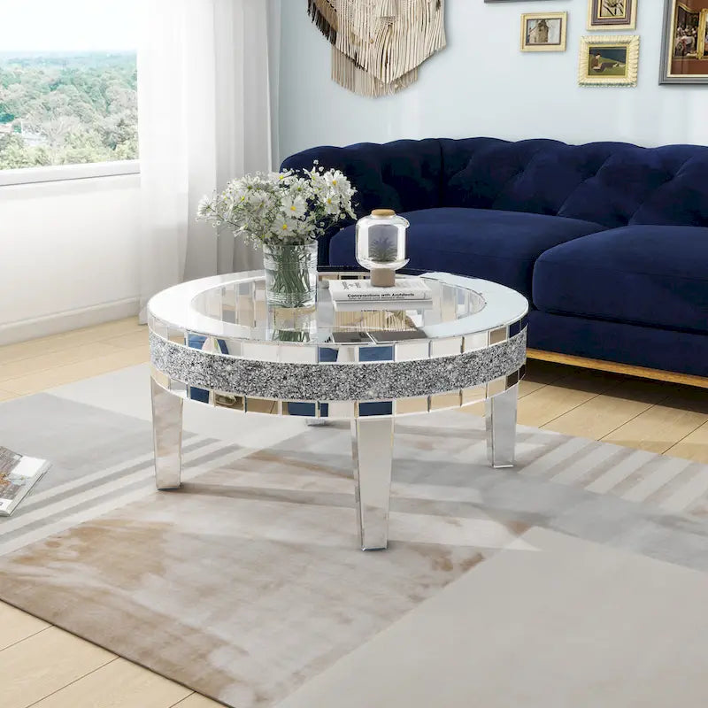Table basse ronde en verre avec incrustation de cristal