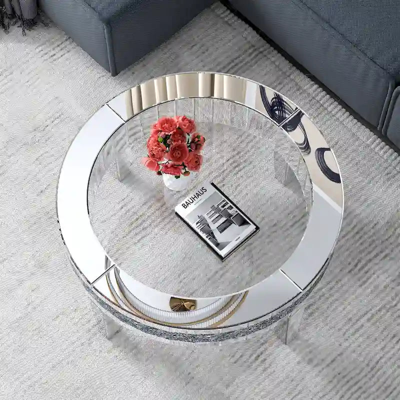 Table basse ronde en verre avec incrustation de cristal