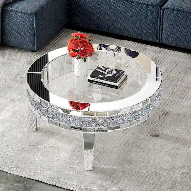 Table basse ronde en verre avec incrustation de cristal