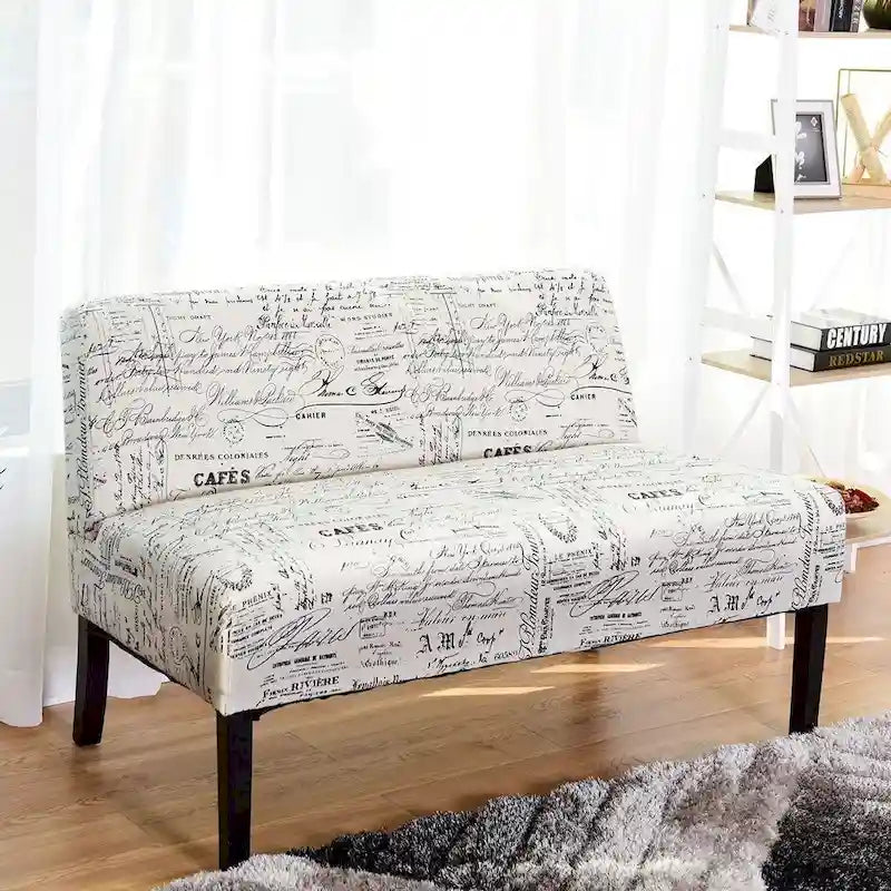 Canapé moderne avec revêtement en tissu à motif cursif blanc cassé et pieds en bois noir - 50 x 28 x 30,5 (L x l x H)