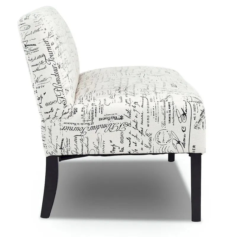 Canapé moderne avec revêtement en tissu à motif cursif blanc cassé et pieds en bois noir - 50 x 28 x 30,5 (L x l x H)