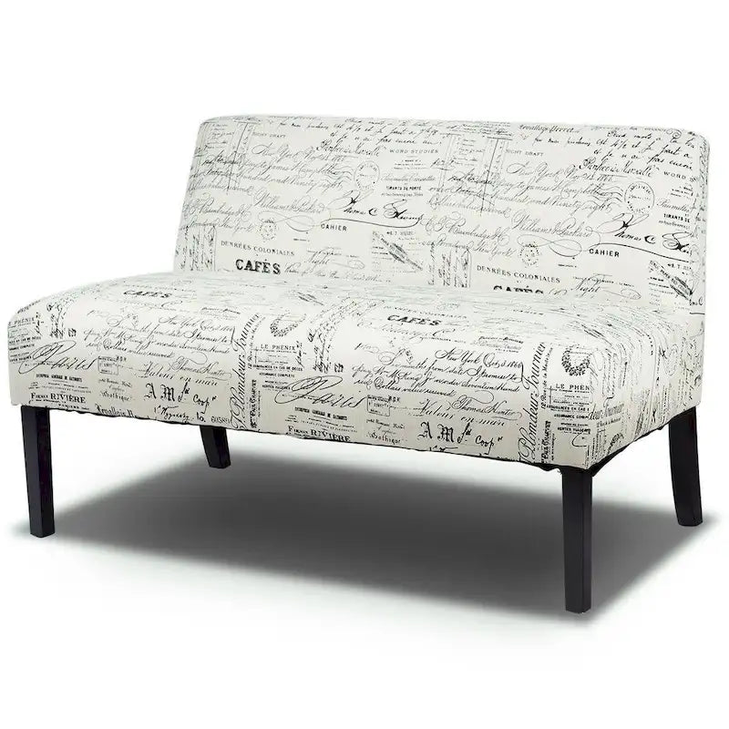 Canapé moderne avec revêtement en tissu à motif cursif blanc cassé et pieds en bois noir - 50 x 28 x 30,5 (L x l x H)