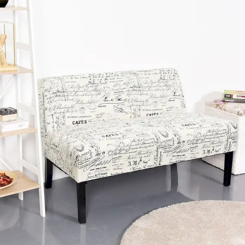 Canapé moderne avec revêtement en tissu à motif cursif blanc cassé et pieds en bois noir - 50 x 28 x 30,5 (L x l x H)