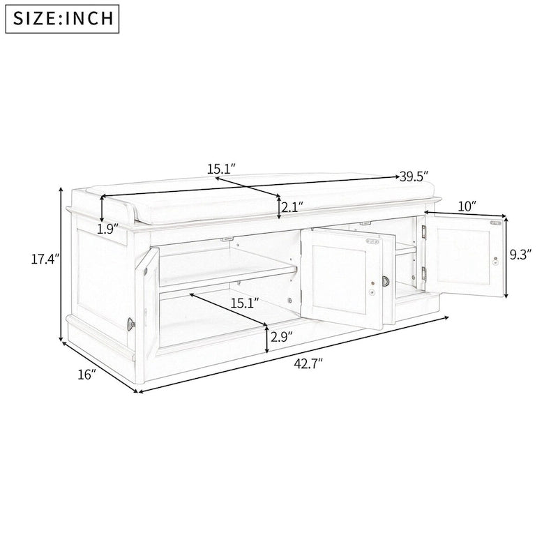 Banc de rangement d'entrée avec 4 portes et étagères réglables