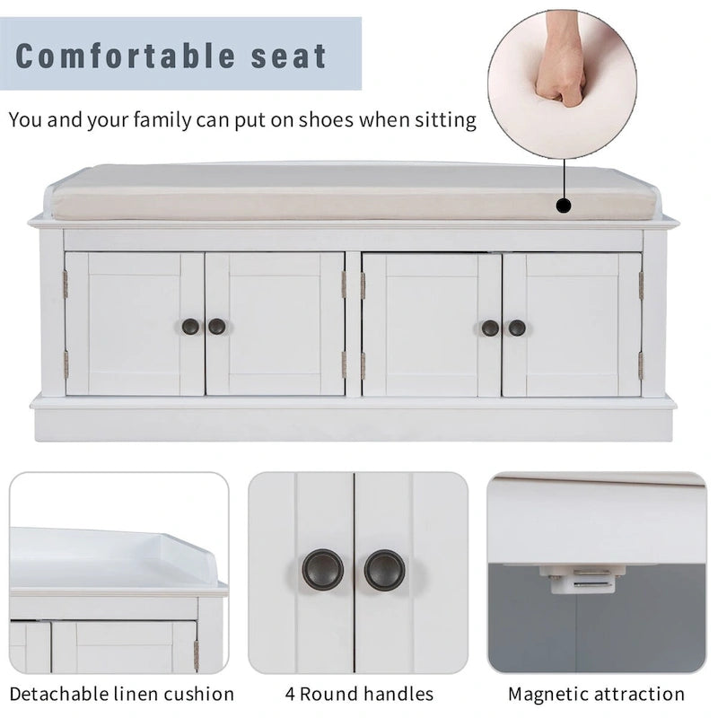 Banc de rangement d'entrée avec 4 portes et étagères réglables
