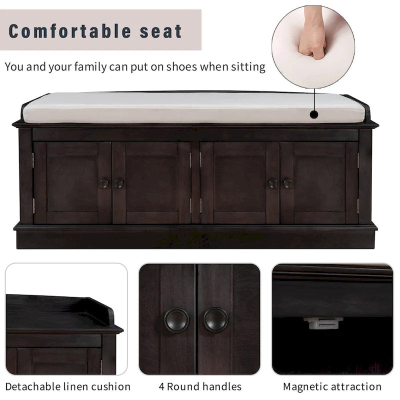 Banc de rangement d'entrée avec 4 portes et étagères réglables