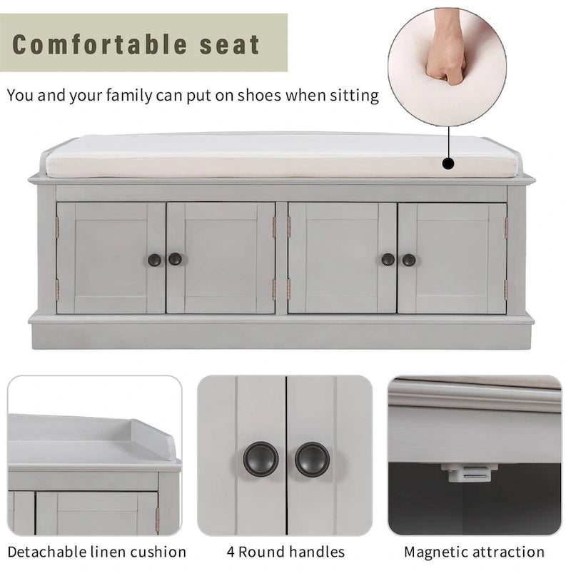 Banc de rangement d'entrée avec 4 portes et étagères réglables
