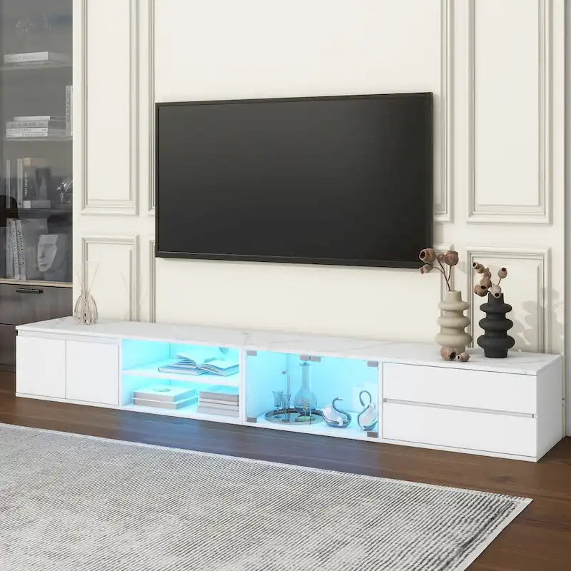 Meuble TV LED pour téléviseurs jusqu'à 105 pouces, Console multimédia avec portes en verre trempé, Meuble de divertissement avec 2 tiroirs et placards