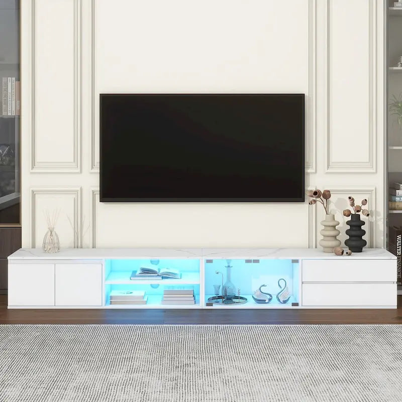 Meuble TV LED pour téléviseurs jusqu'à 105 pouces, Console multimédia avec portes en verre trempé, Meuble de divertissement avec 2 tiroirs et placards