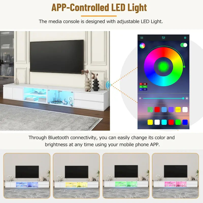 Meuble TV LED pour téléviseurs jusqu'à 105 pouces, Console multimédia avec portes en verre trempé, Meuble de divertissement avec 2 tiroirs et placards