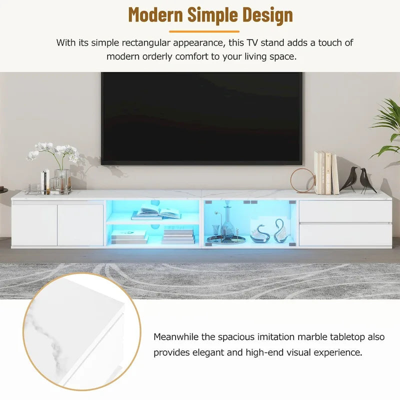 Meuble TV LED pour téléviseurs jusqu'à 105 pouces, Console multimédia avec portes en verre trempé, Meuble de divertissement avec 2 tiroirs et placards