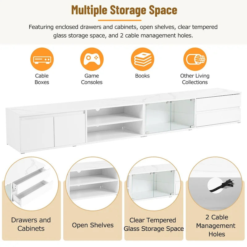 Meuble TV LED pour téléviseurs jusqu'à 105 pouces, Console multimédia avec portes en verre trempé, Meuble de divertissement avec 2 tiroirs et placards