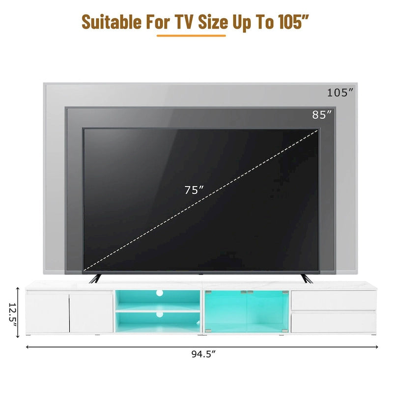 Meuble TV LED pour téléviseurs jusqu'à 105 pouces, Console multimédia avec portes en verre trempé, Meuble de divertissement avec 2 tiroirs et placards