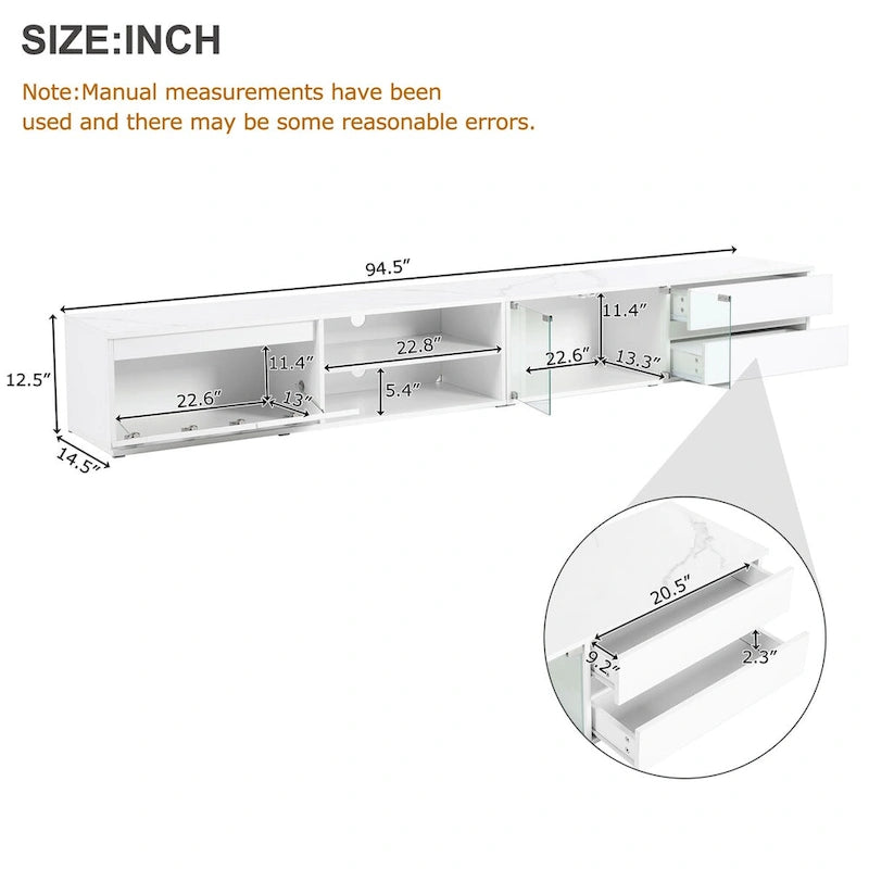 Meuble TV LED pour téléviseurs jusqu'à 105 pouces, Console multimédia avec portes en verre trempé, Meuble de divertissement avec 2 tiroirs et placards