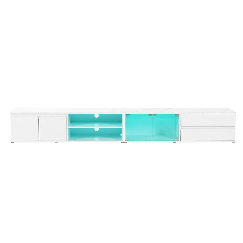 Meuble TV LED pour téléviseurs jusqu'à 105 pouces, Console multimédia avec portes en verre trempé, Meuble de divertissement avec 2 tiroirs et placards