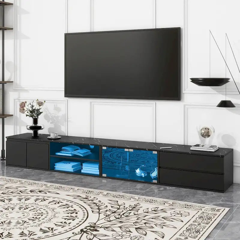 Meuble TV LED pour téléviseurs jusqu'à 105 pouces, Console multimédia avec portes en verre trempé, Meuble de divertissement avec 2 tiroirs et placards
