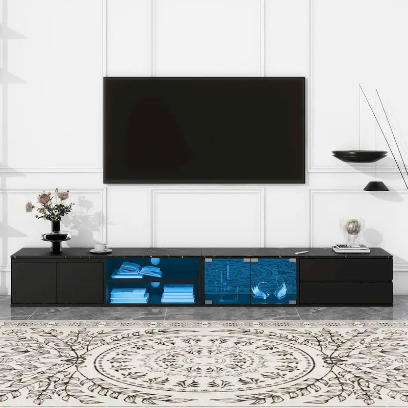 Meuble TV LED pour téléviseurs jusqu'à 105 pouces, Console multimédia avec portes en verre trempé, Meuble de divertissement avec 2 tiroirs et placards