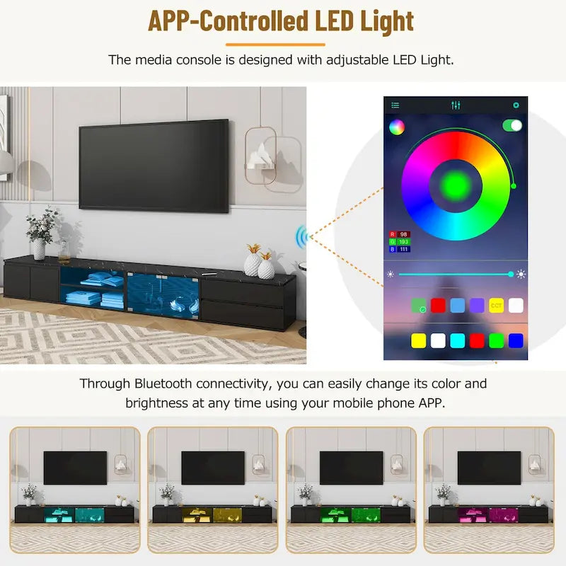 Meuble TV LED pour téléviseurs jusqu'à 105 pouces, Console multimédia avec portes en verre trempé, Meuble de divertissement avec 2 tiroirs et placards