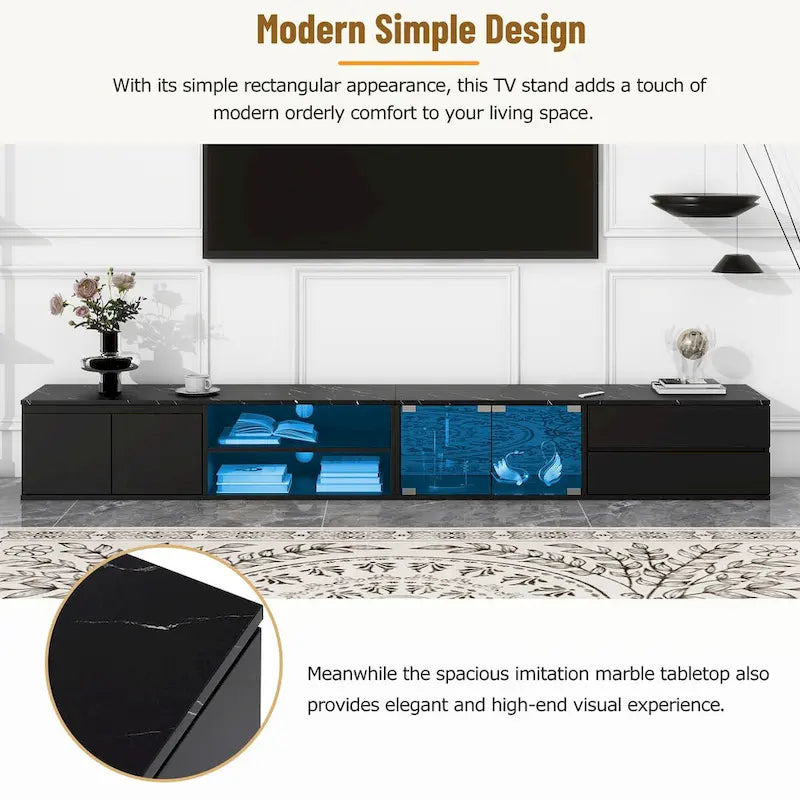 Meuble TV LED pour téléviseurs jusqu'à 105 pouces, Console multimédia avec portes en verre trempé, Meuble de divertissement avec 2 tiroirs et placards