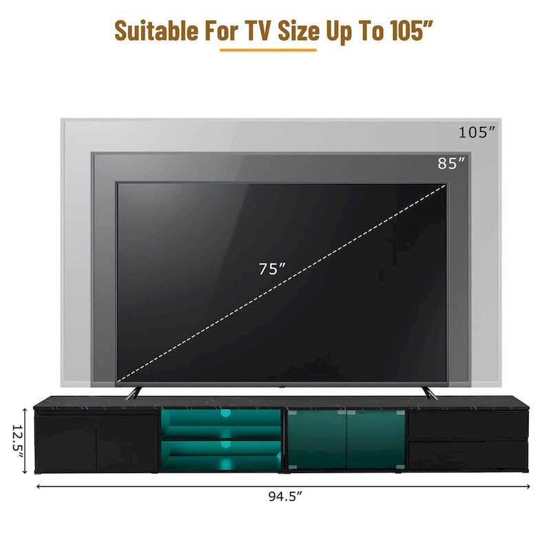 Meuble TV LED pour téléviseurs jusqu'à 105 pouces, Console multimédia avec portes en verre trempé, Meuble de divertissement avec 2 tiroirs et placards