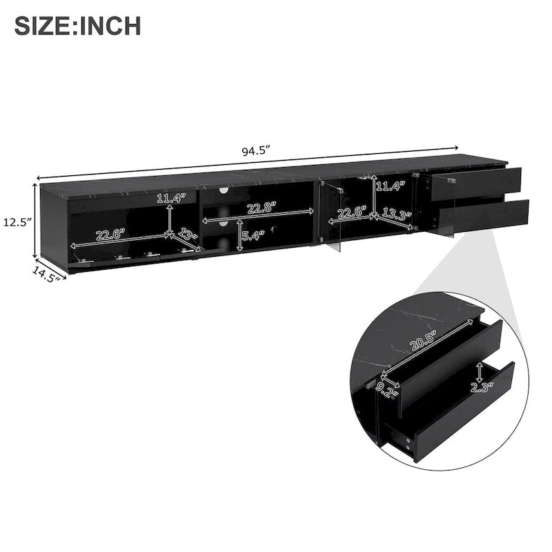 Meuble TV LED pour téléviseurs jusqu'à 105 pouces, Console multimédia avec portes en verre trempé, Meuble de divertissement avec 2 tiroirs et placards