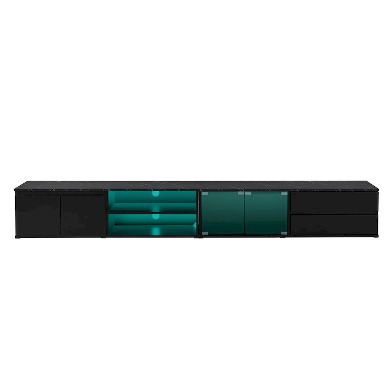 Meuble TV LED pour téléviseurs jusqu'à 105 pouces, Console multimédia avec portes en verre trempé, Meuble de divertissement avec 2 tiroirs et placards