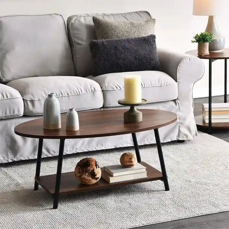 Table basse rustique ovale avec étagère de rangement - 59,5P x 100L x 42H cm