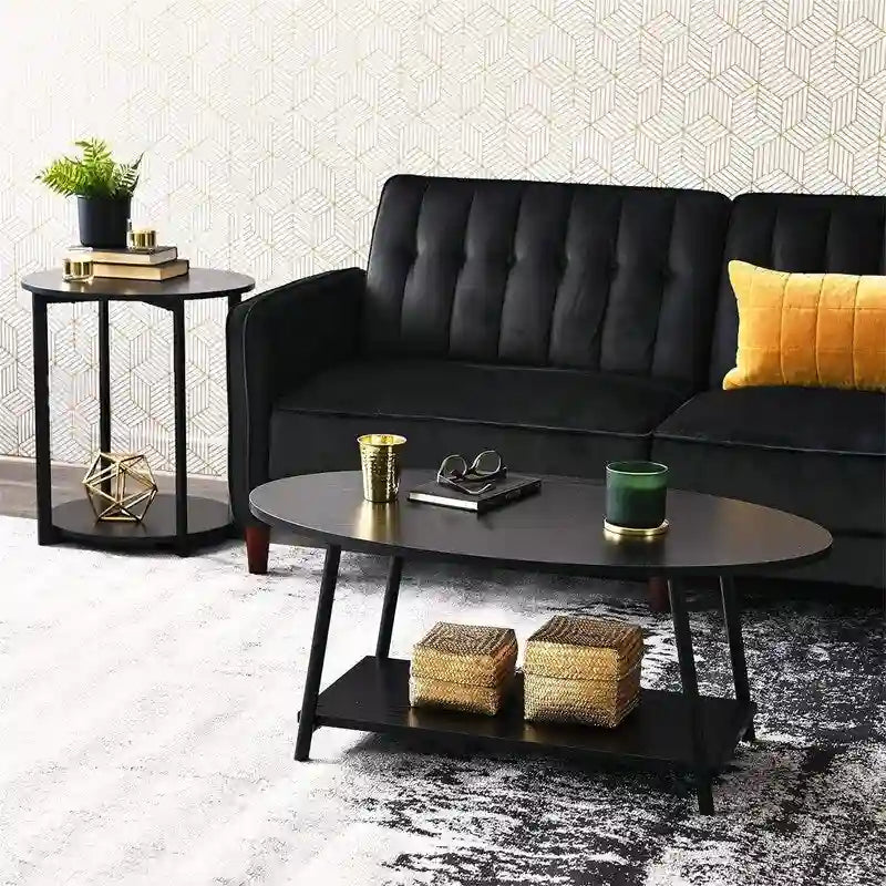 Table basse rustique ovale avec étagère de rangement - 59,5P x 100L x 42H cm
