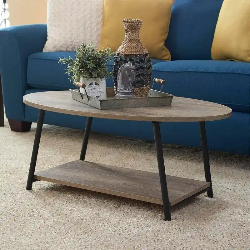 Table basse rustique ovale avec étagère de rangement - 59,5P x 100L x 42H cm