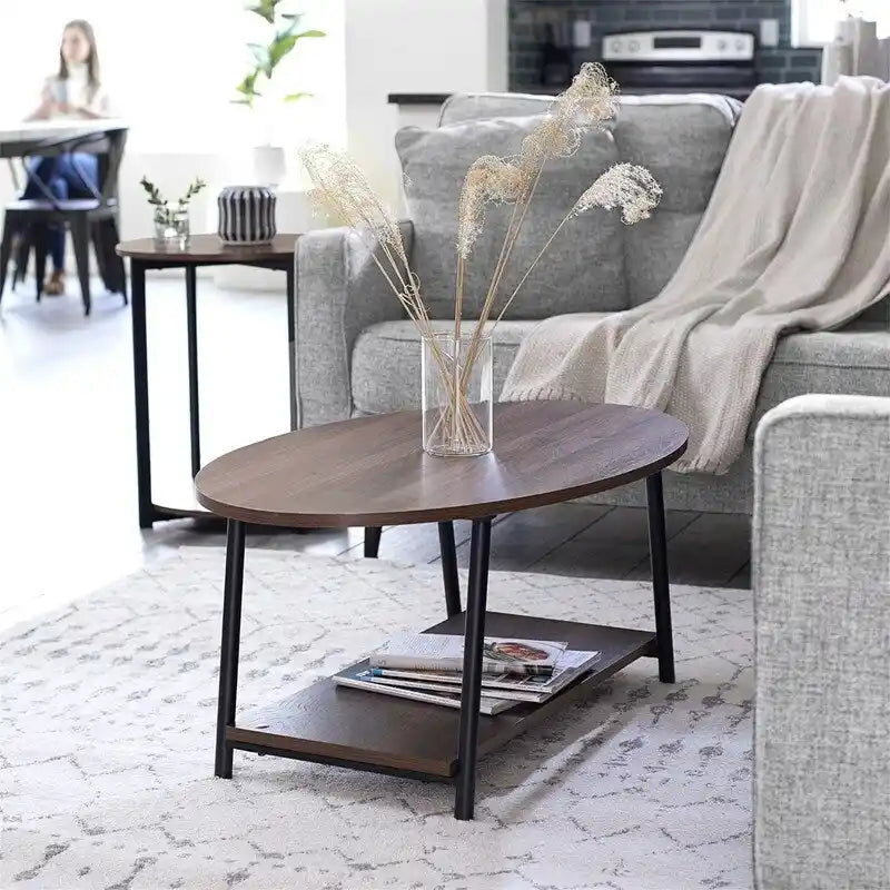 Table basse rustique ovale avec étagère de rangement - 59,5P x 100L x 42H cm