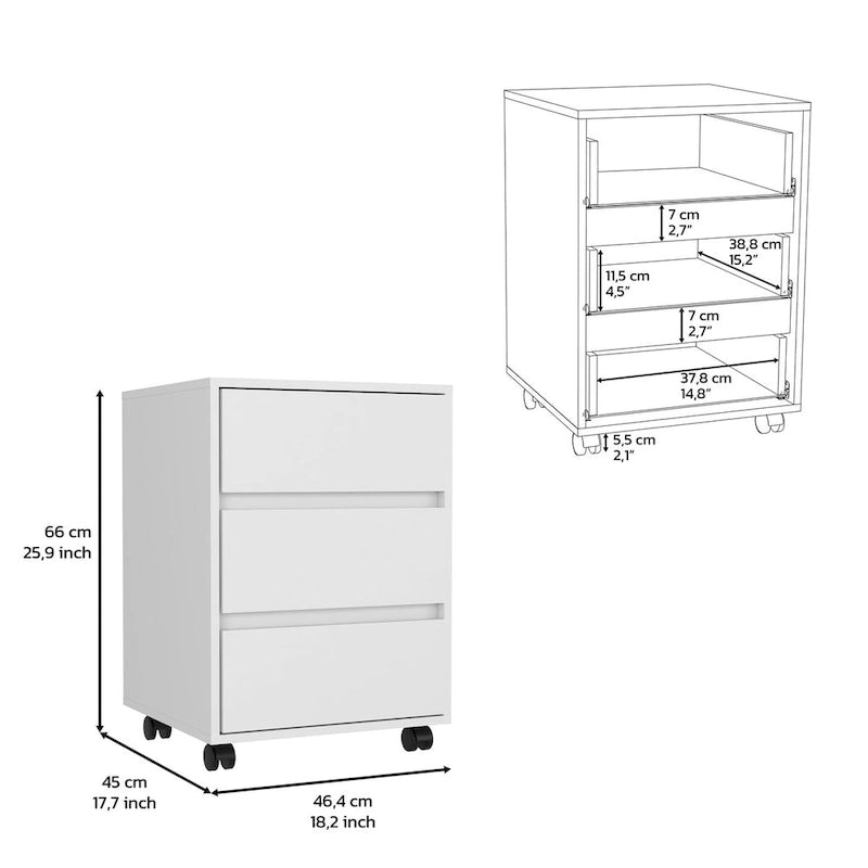Trois tiroirs Bang, Classeur, Glissière à roulettes, Finition blanche, Haute qualité et durable