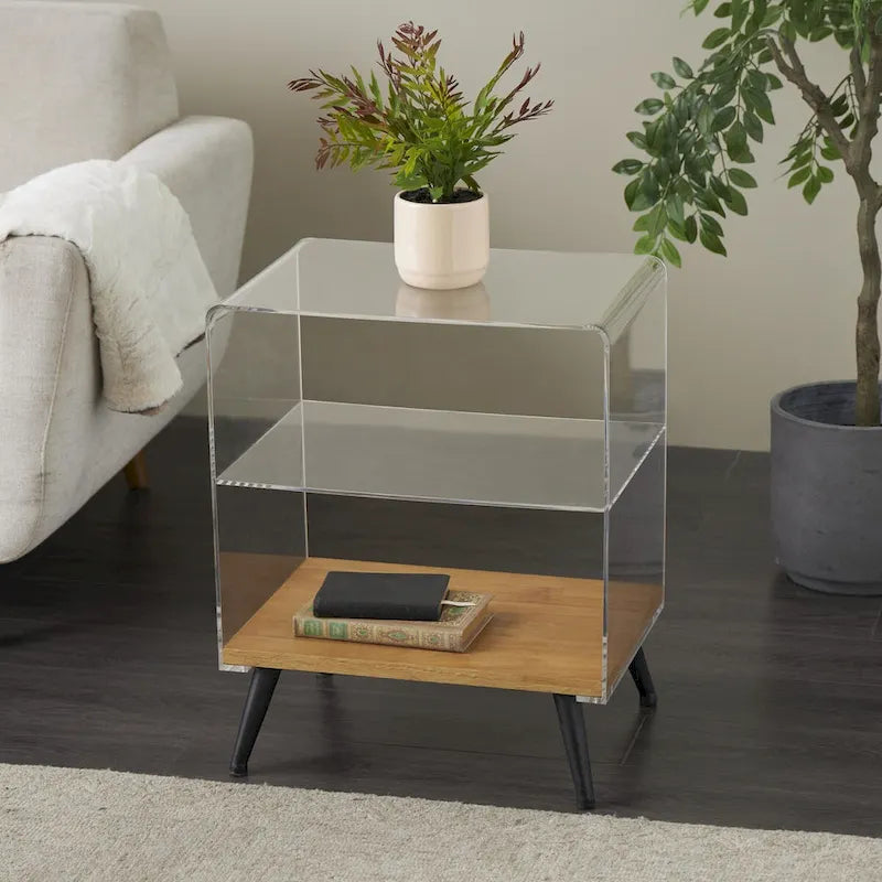 Table d'appoint en acrylique à niveau unique / Table décorative (avec base en bois et pieds noirs ; version transparente)