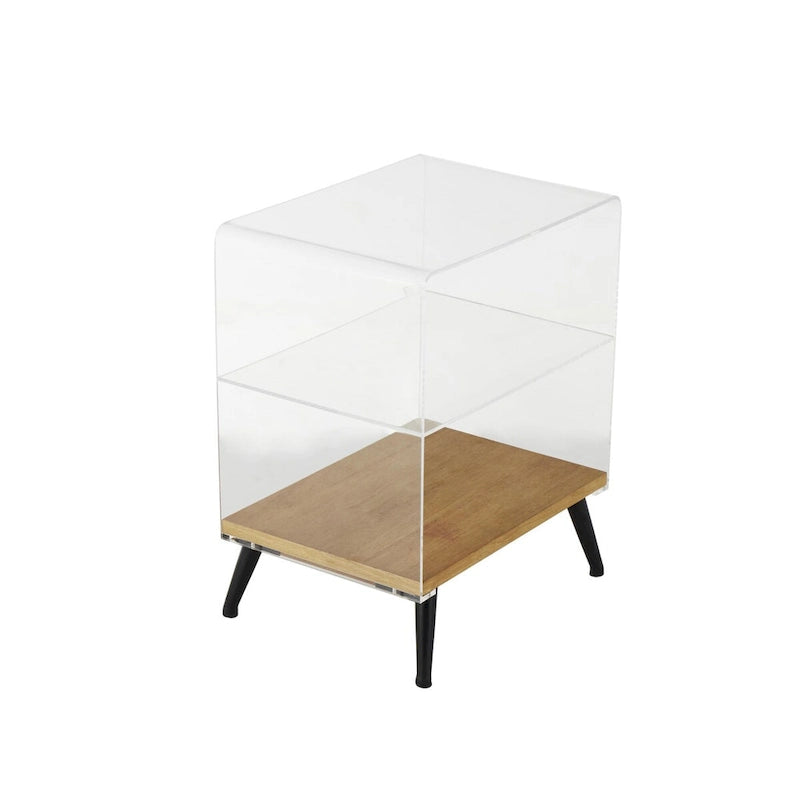 Table d'appoint en acrylique à niveau unique / Table décorative (avec base en bois et pieds noirs ; version transparente)