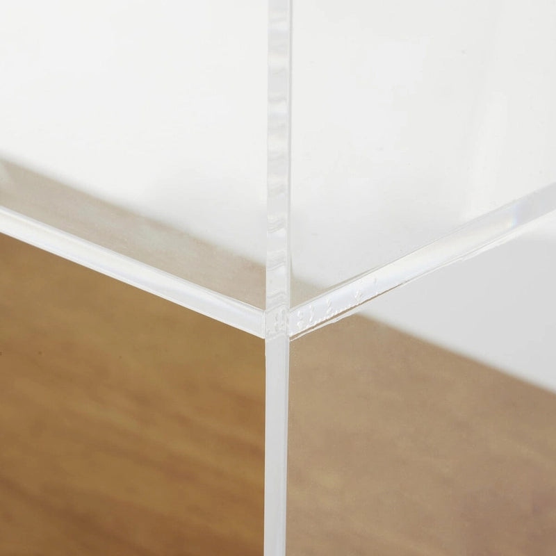 Table d'appoint en acrylique à niveau unique / Table décorative (avec base en bois et pieds noirs ; version transparente)