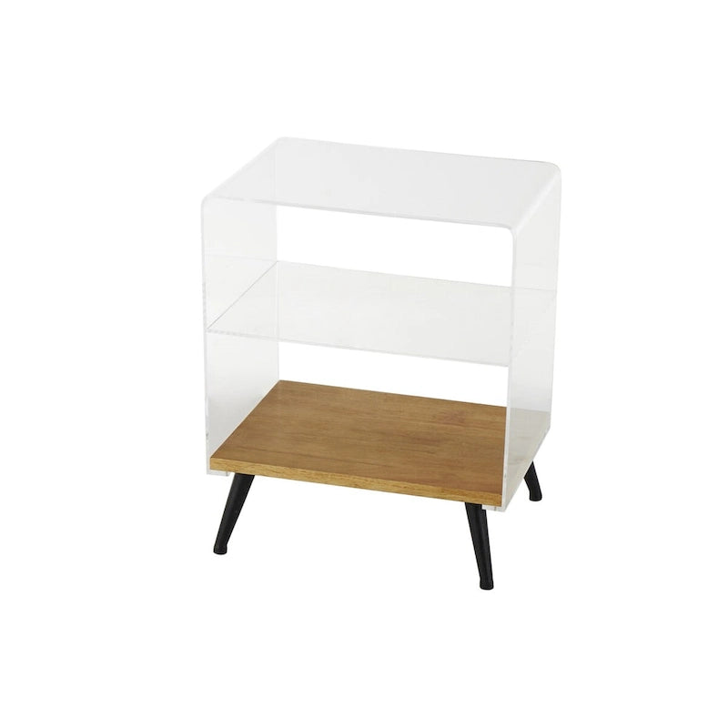 Table d'appoint en acrylique à niveau unique / Table décorative (avec base en bois et pieds noirs ; version transparente)