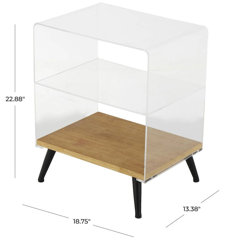 Table d'appoint en acrylique à niveau unique / Table décorative (avec base en bois et pieds noirs ; version transparente)