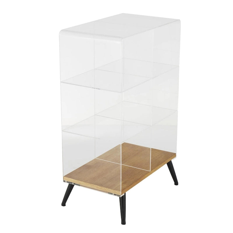 Table d'appoint en acrylique à niveau unique / Table décorative (avec base en bois et pieds noirs ; version transparente)